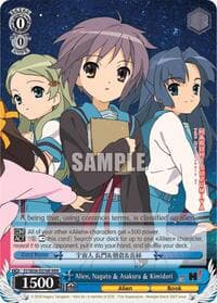 Alien, Nagato & Asakura & Kimidori (RRR) - The Melancholy of Haruhi Suzumiya - Weiss Schwarz card