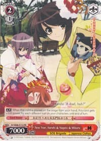 New Year, Haruhi & Nagato & Mikuru - The Melancholy of Haruhi Suzumiya - Weiss Schwarz card
