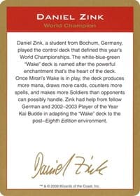 2003 Daniel Zink Biography Card - World Championship Decks - Magic: The Gathering card