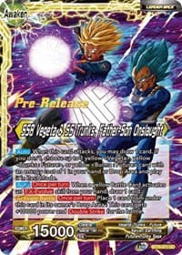 Trunks // SSB Vegeta & SS Trunks, Father-Son Onslaught - Realm of the Gods Pre-Release Cards - Dragon Ball Super: Masters card