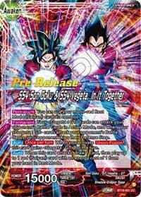 Son Goku & Vegeta // SS4 Son Goku & SS4 Vegeta, In It Together - Dawn of the Z-Legends Pre-Release Cards - Dragon Ball Super: Masters card