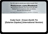 Code Card - Crown Zenith Tin [Galarian Zapdos] (International Version) - SWSH: Crown Zenith - Pokemon card