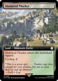 Sheltered Thicket (Extended Art) (Surge Foil) - Universes Beyond: Fallout - Magic: The Gathering card