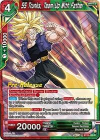SS Trunks, Team-Up With Father - Legend of the Dragon Balls Pre-Release Cards - Dragon Ball Super: Masters card