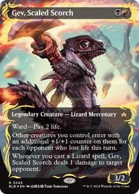 Gev, Scaled Scorch (Borderless) (Raised Foil) - Bloomburrow - Magic: The Gathering card